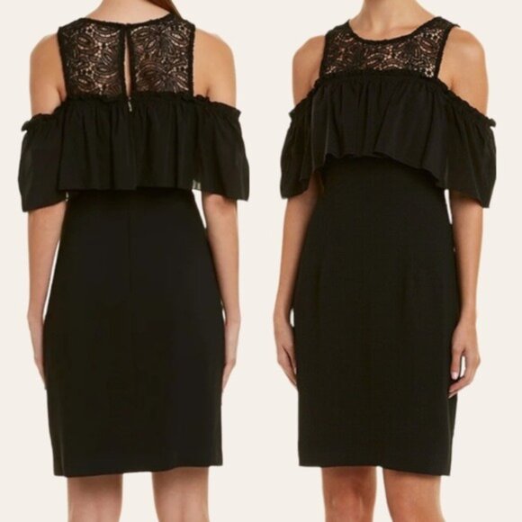 TRINA TURK Lauren Black Lace Cold Shoulder Sheath Mini Dress in Black 8 - Picture 2 of 12